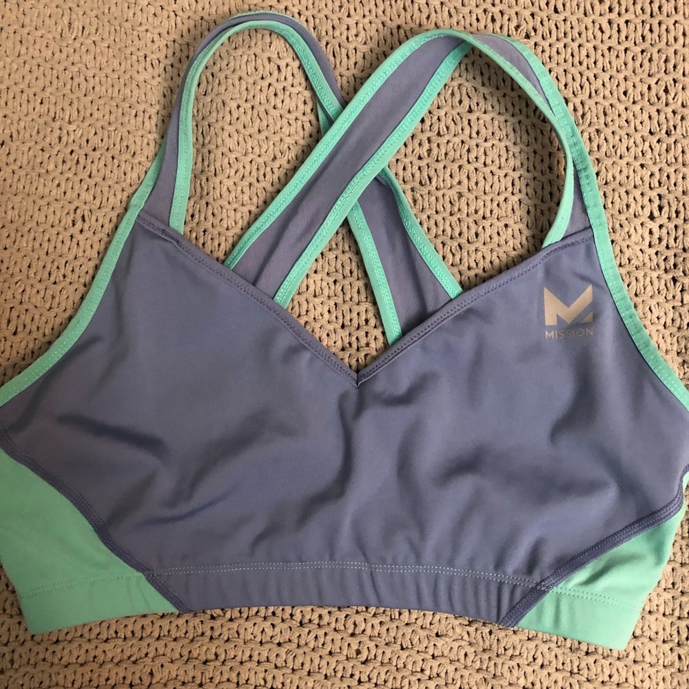 Blue/ teal sports bra with cross back.